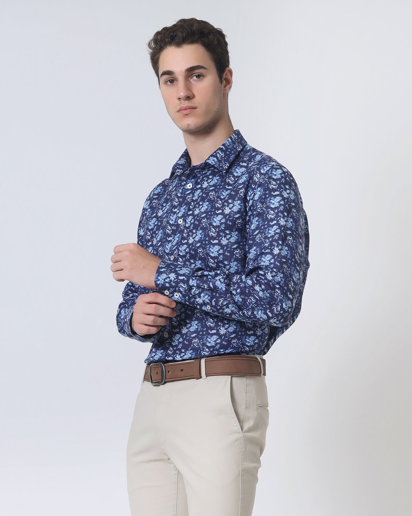 Quieti Modern Fit, Navy Floral Print, Long Sleeve Woven Shirt